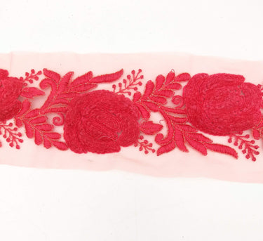 Salmon Pink Soft Net Fabric Lace Trim with Floral Embroidery, Lace Trim, Sari Border